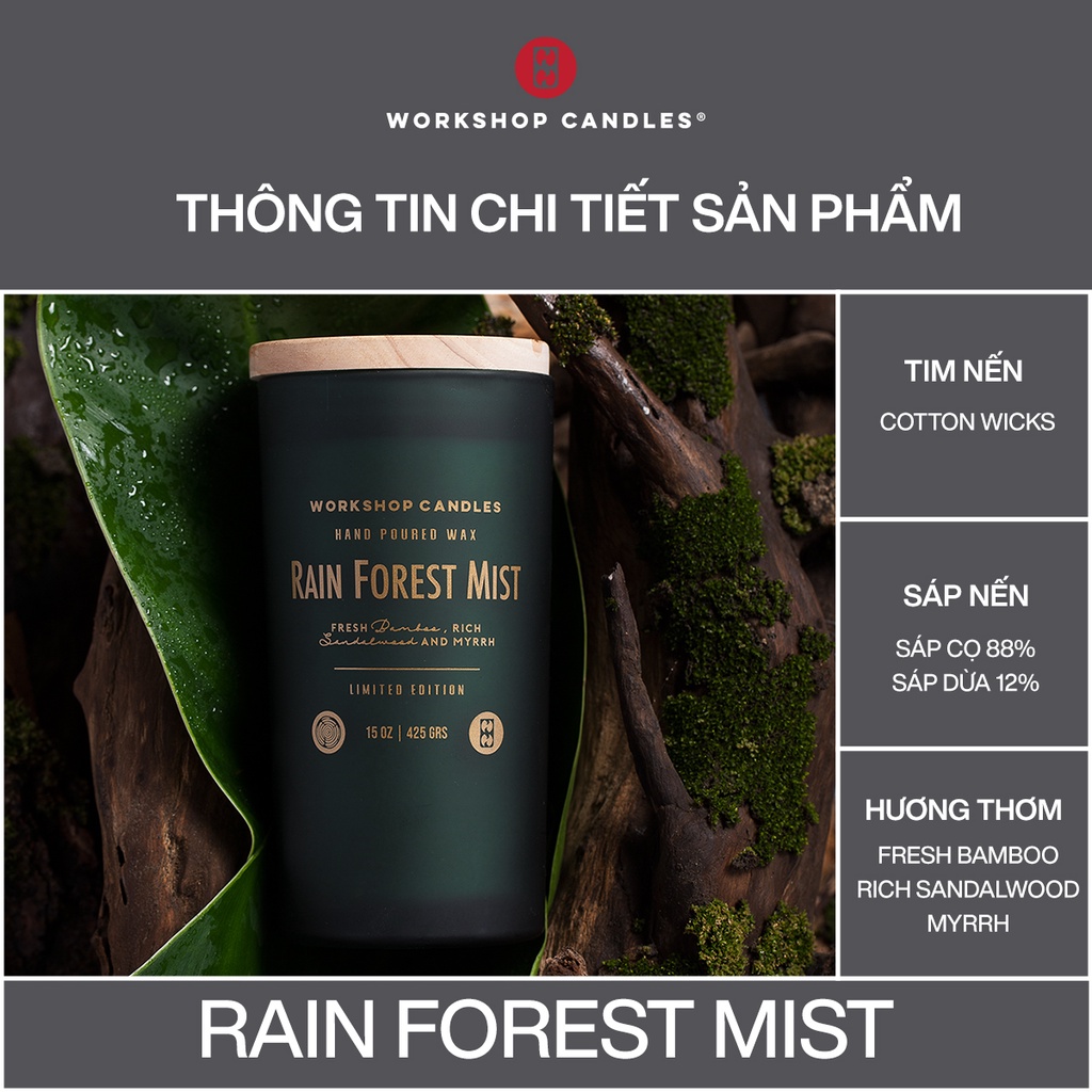 Nến thơm Rain Forest Workshop Candles H&amp;H Home 15 oz hương gỗ cao cấp