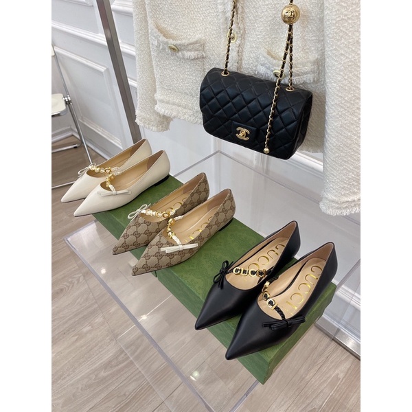 Giày búp bê mũi nhọn có quai chéo chữ logo thương hiệu Gucci GG/GC 2022 cao cấp da thật