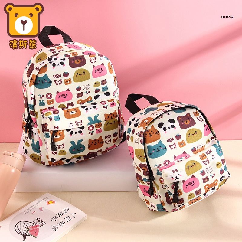 Ba Lô Đi Học Vải Canvas Thoáng Khí Cỡ Nhỏ In Hoạt Hình Gấu Thỏ Dễ Thương Cho Bé Trai + Gái