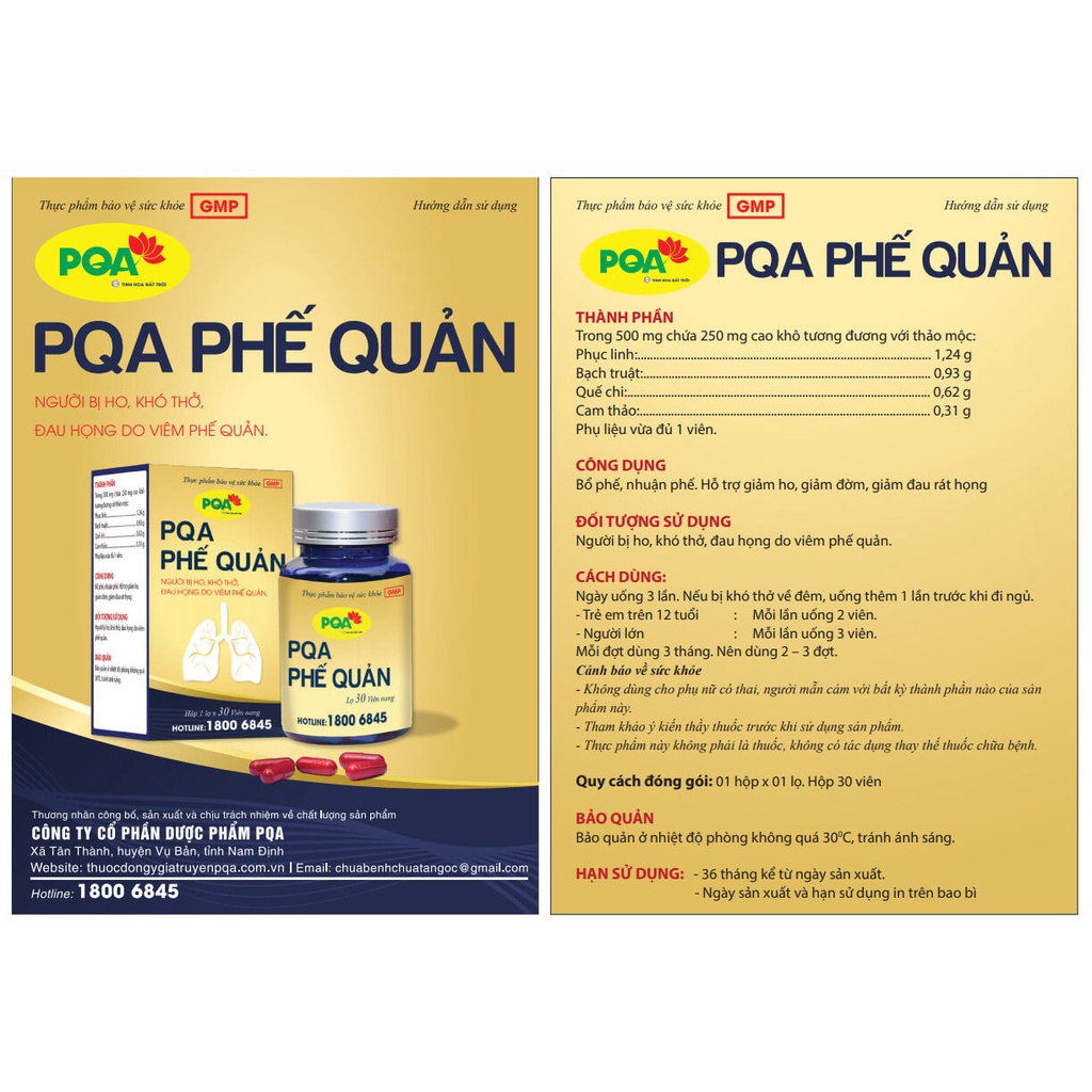 Phế Quản PQA Thành Phần Từ Thiên Nhiên Hỗ Trợ Bổ Phế, Giảm Ho, Đờm, Đau Rát Họng Hộp 30 Viên