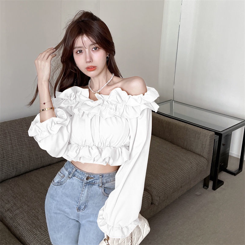 COZOK Áo Sơ Mi Crop Top Lệch Vai Một Dây Nhún Bèo