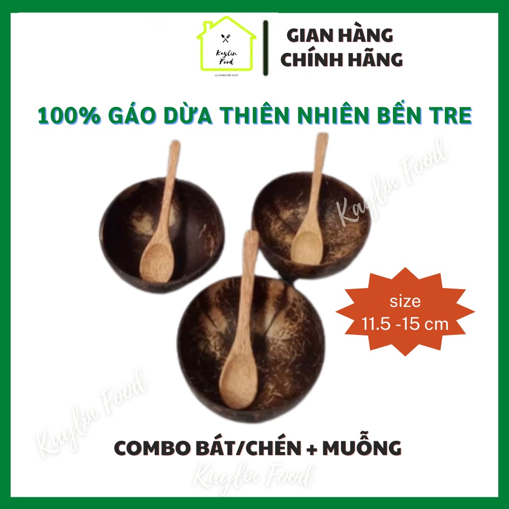 Combo Bát chén gáo dừa và muỗng dùng để ăn sữa chua salad ngũ cốc granola