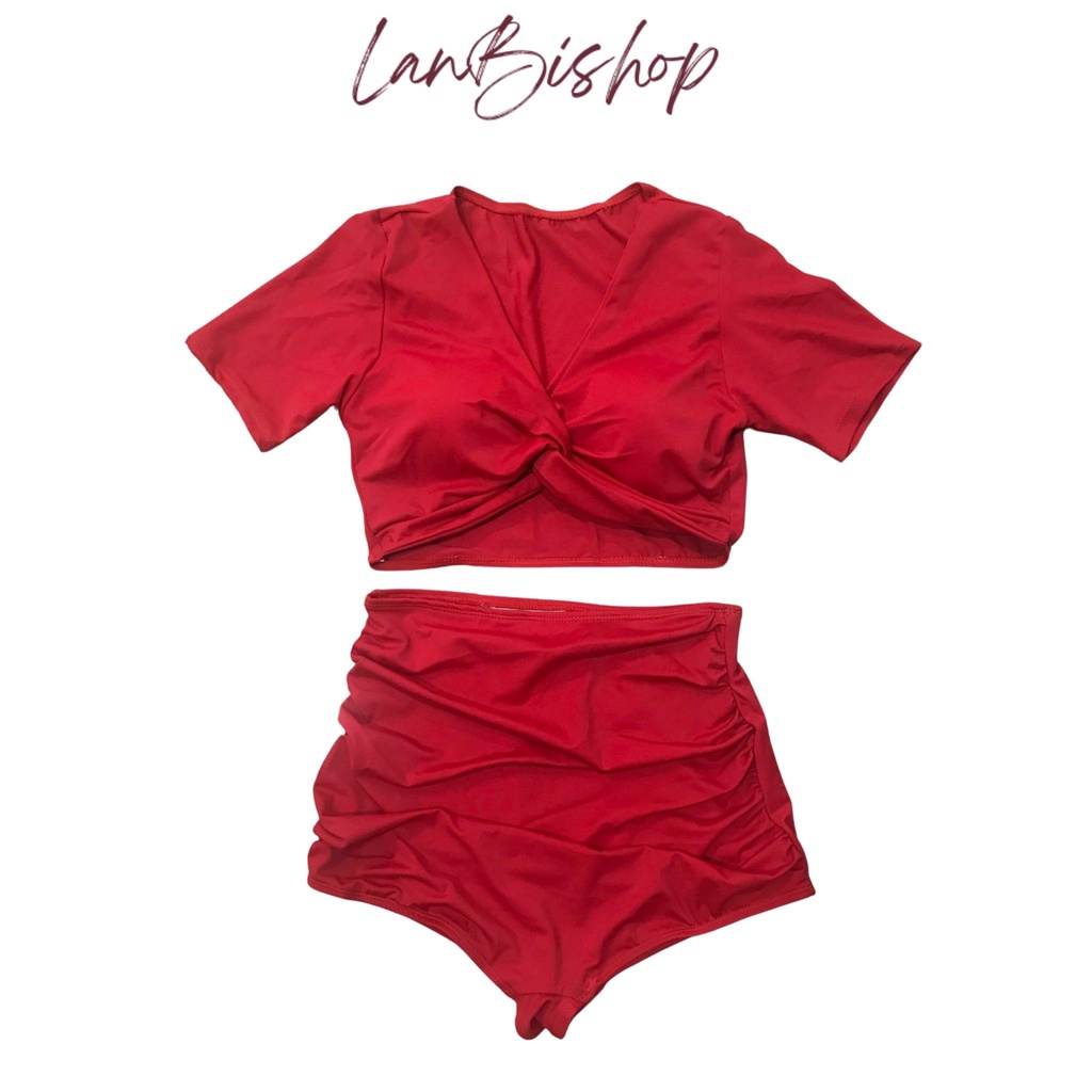 Đồ Bơi Nữ Bikini LANBISHOP 2 Mảnh Quần Đùi Cạp Cao Aó Crop Xoắn Ngực LANBI-005