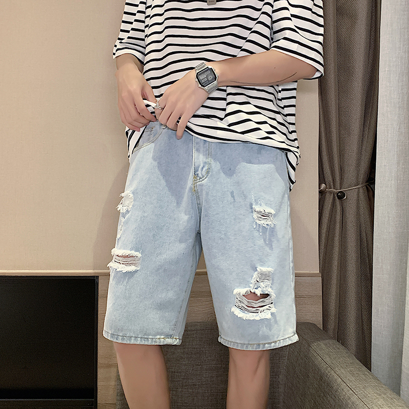 Korean Style Men's Fashion Light Blue Hole Denim Shorts Men's High-waisted Straight Casual Pants