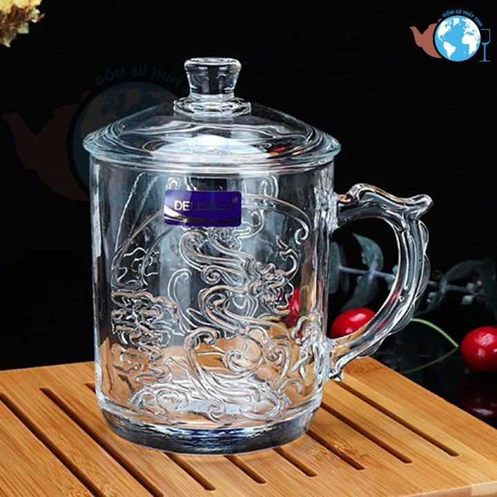 SET 2 ly thủy tinh bao gồm ly rồng và ly phụng có quai cầm, nắp thủy tinh sang trọng, dùng làm quà tặng