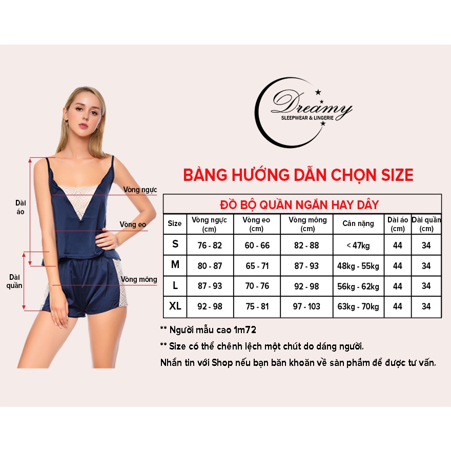 Đồ bộ nữ quần short áo 2 dây phối ren ngực cách điệu DREAMY DN05 (xanh đen)