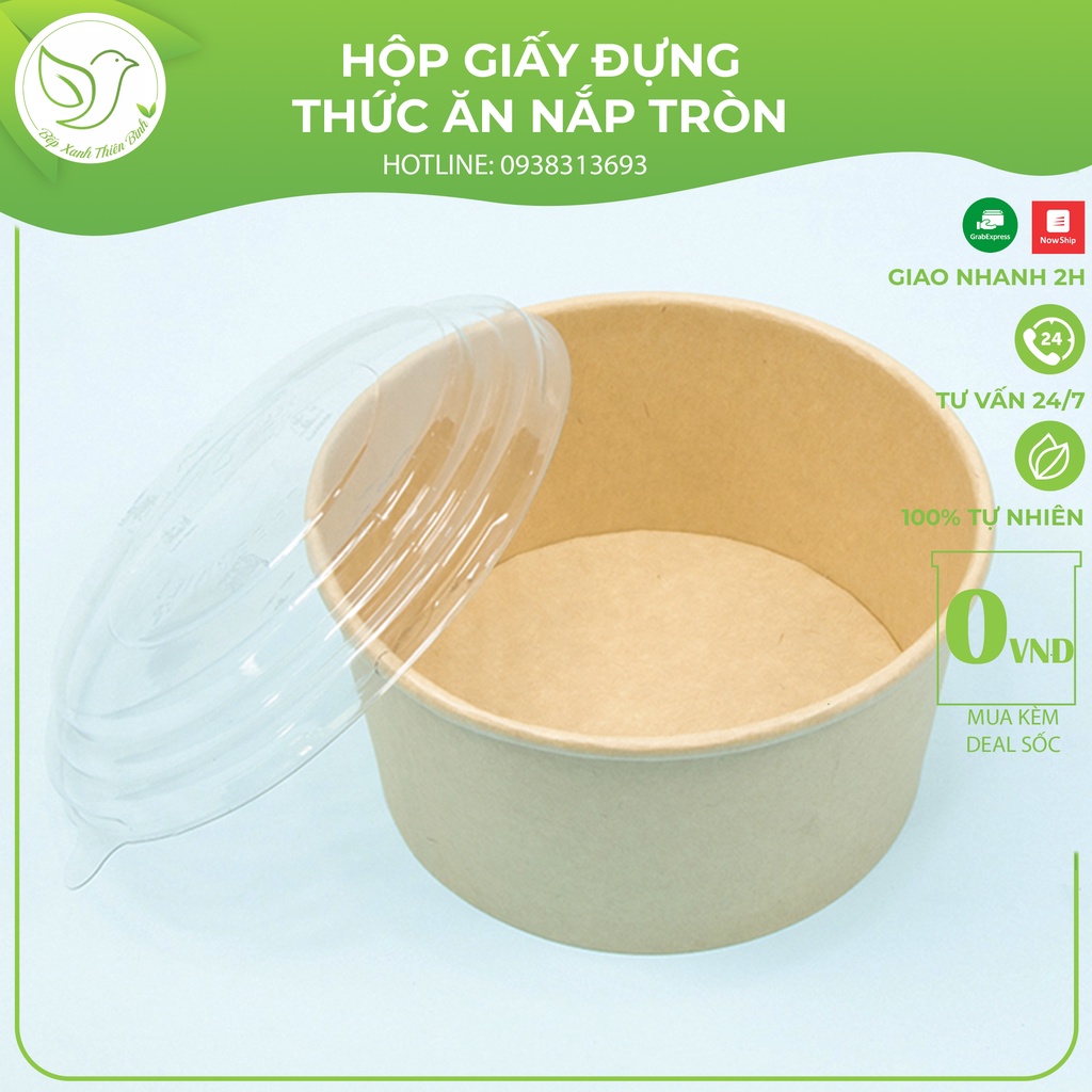 10 Tô giấy kraft salad đựng thức ăn, salad, bông lan trứng muối, dùng một lần kèm nắp PP, nắp Pet chịu nhiệt cao cấp