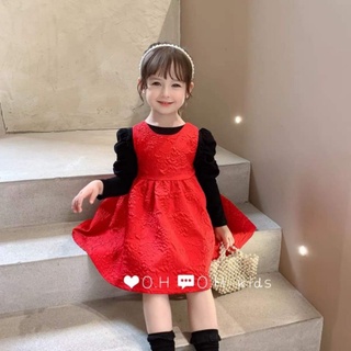 Váy xốp hoa hồng đỏ, phối áo tay bồng bé gái