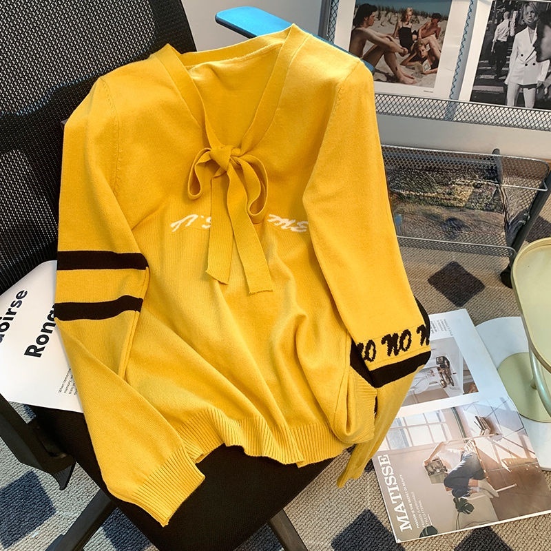 Áo Sweater Dệt Kim Tay Dài Dáng Rộng Thiết Kế Cổ Chữ V Phối Nơ Thiết Kế Mới