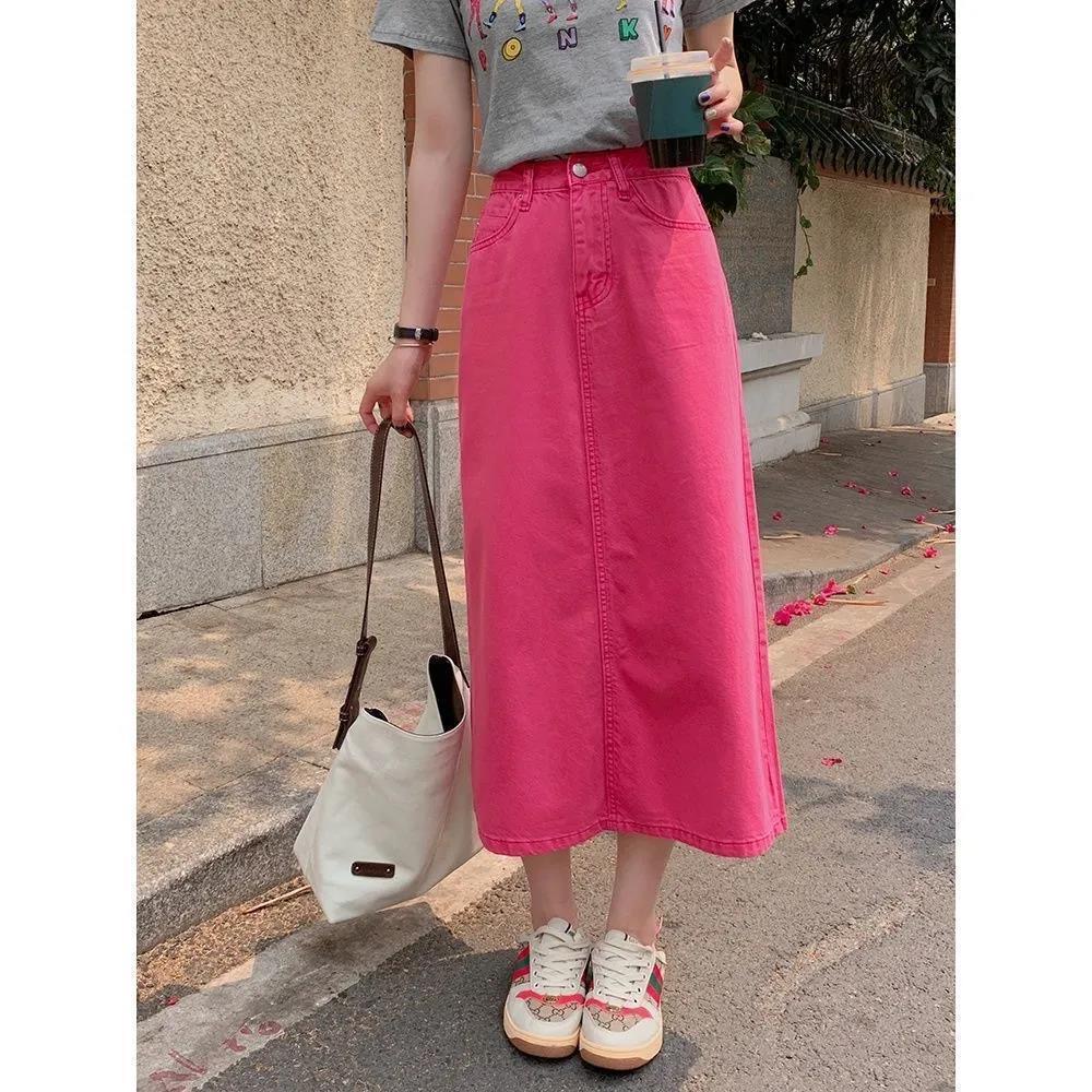(ORDER) Chân váy denim cạp cao dáng dài A-line màu hồng đậm nổi bật điệu đà đáng yêu (hàng_mới_về)