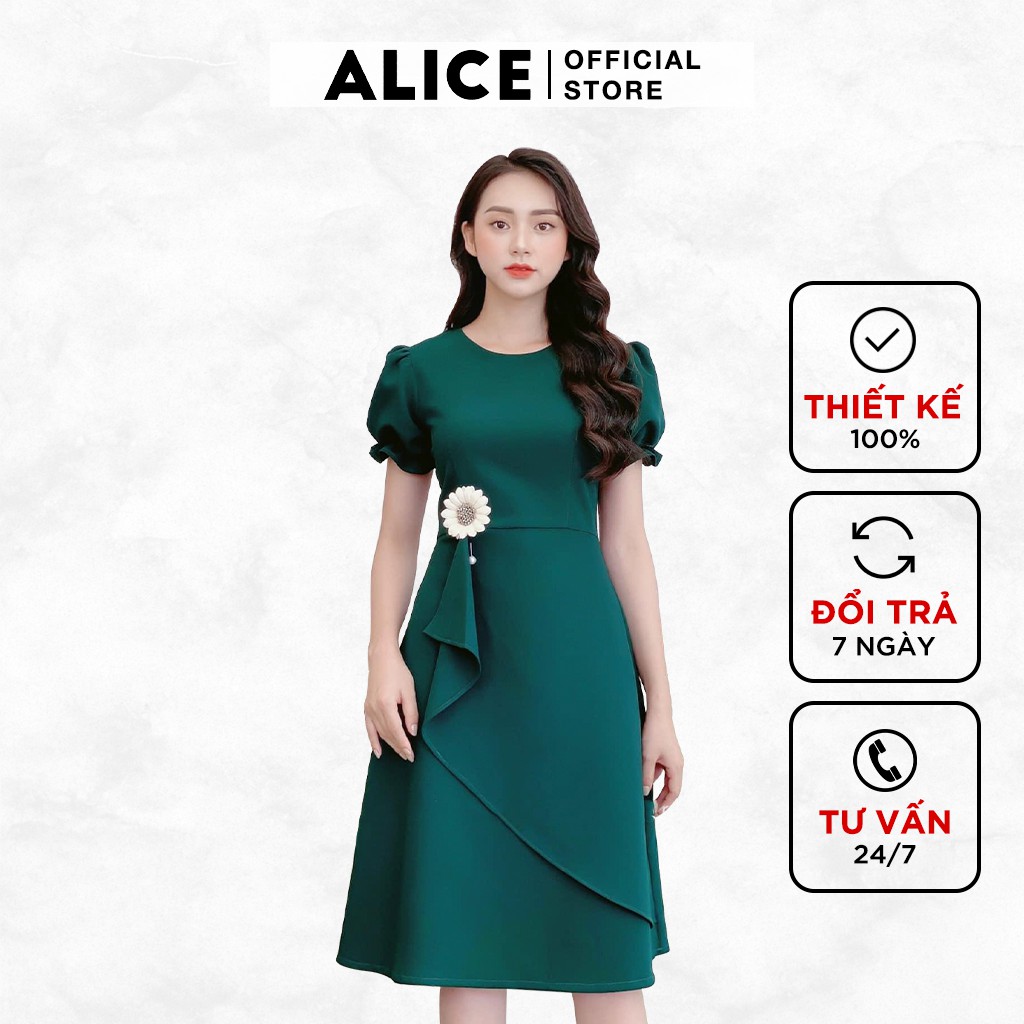 Váy Thiết Kế Vạt Chéo ALICE Tay Ngắn Bồng Cổ Tròn Dáng Xòe Thắt Eo Cài Hoa Tôn Dáng V530