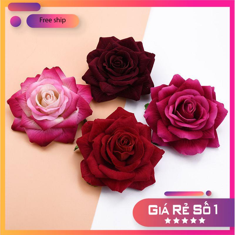 Hoa giả _Combo 10 đầu bông hồng nhung tàu bông to 12cm decor