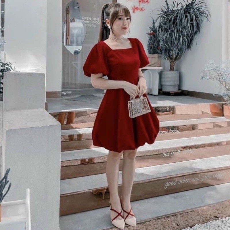 Đầm đỏ tùng bầu tròn (kèm hình thật)