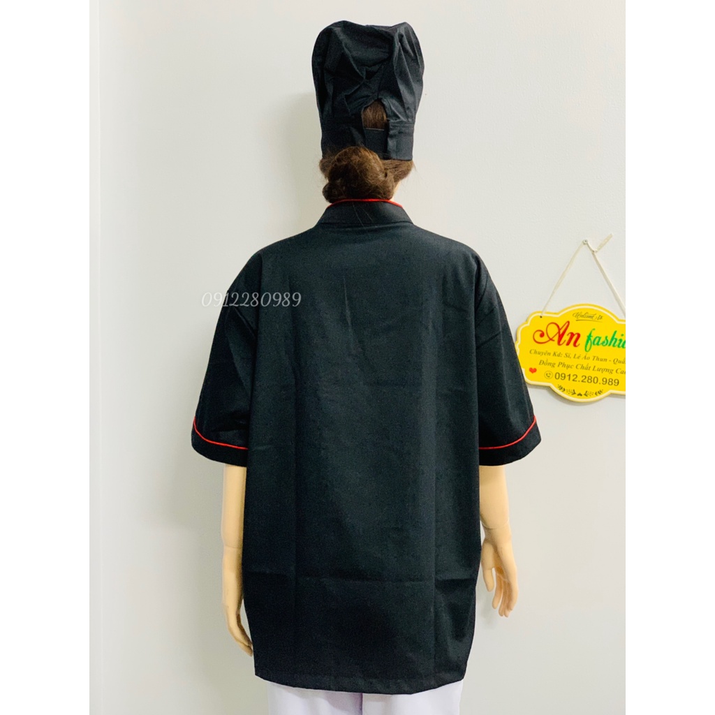 Áo đầu bếp nam nữ cao cấp dày dặn màu đen tay ngắn _ Hình chụp thật
