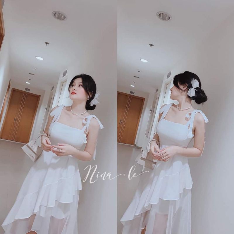 Váy trắng dự tiệc 2s thắt nơ vạt chéo phối voan sheer sang chảnh nina lê