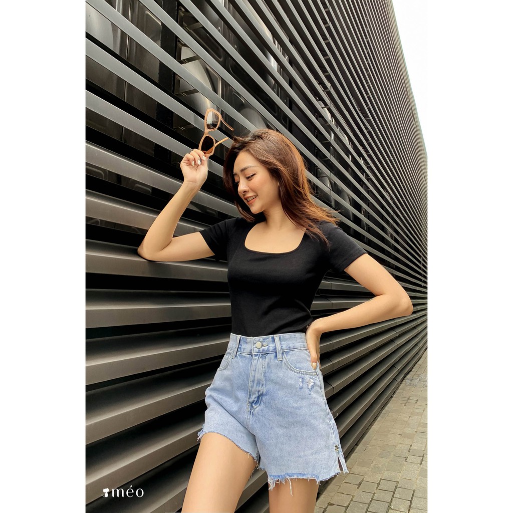 Áo kiểu dệt kim nữ Méo shop bodysuit ngắn tay cổ vuông Keni