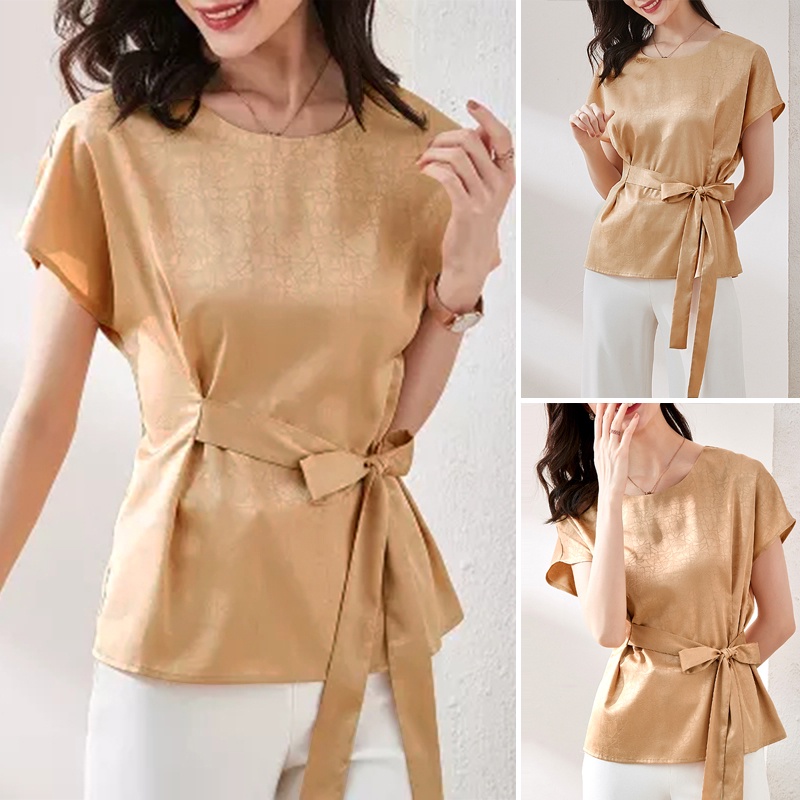 Zanzea Áo Satin Cổ Tròn Thắt Dây Eo Tay Ngắn Thanh Lịch Dành Cho Nữ