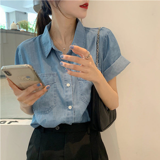 Áo sơ mi denim ngắn tay dáng rộng phong cách Hongkong mới 01096