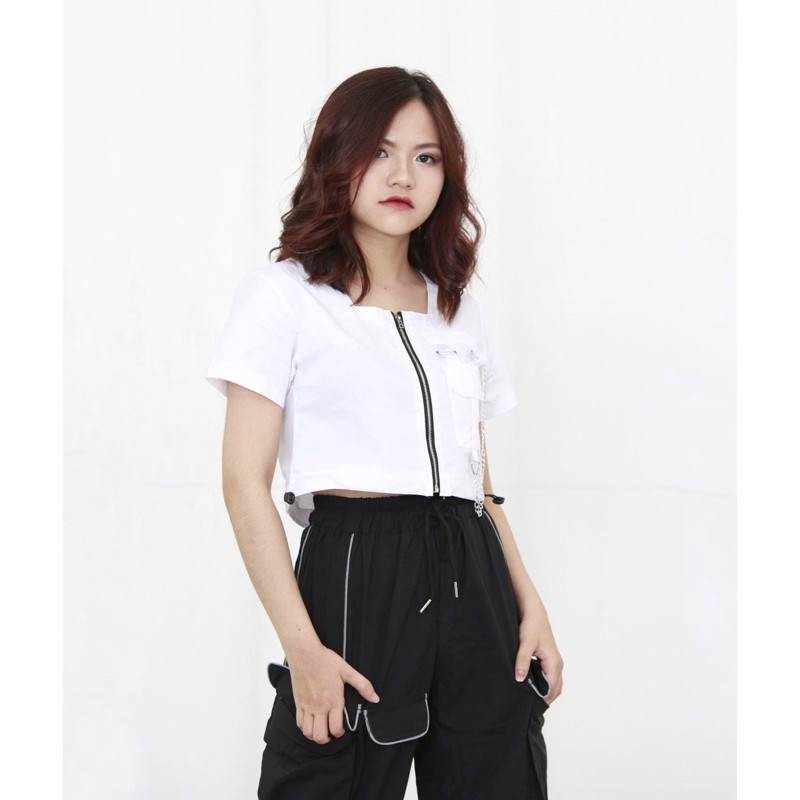 Áo croptop nữ khóa giữa tặng kèm dây chain