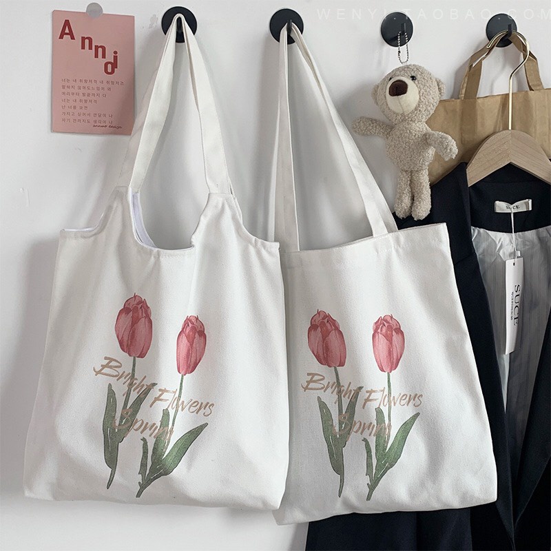 Túi Tote 2 Cành Hoa Tulip Xinh Xắn Có Khóa Kéo + Túi Phụ Style Ulzzang Hàn Quốc  MTT0113