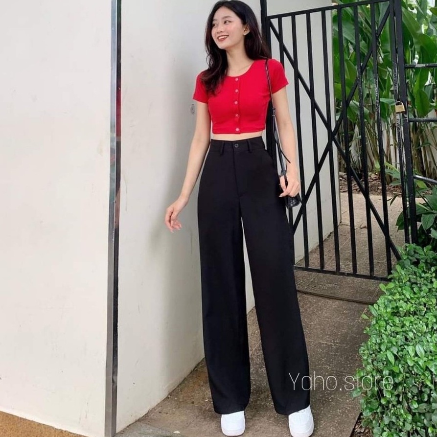 Quần vải ống rộng cạp lưng cao dáng suông đứng dài chất vải đen mềm đi học sinh Quần tây ống rộng khóa trước làm công sở