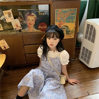 Set áo trắng tay bồng + váy yếm hoa nhí xanh ulzzang Hàn Quốc [Yannie]