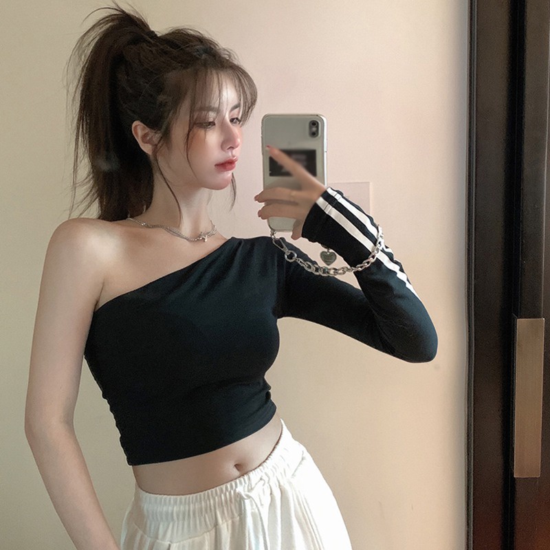 Áo Thun Trễ Vai Tay Dài Hoạ Tiết Kẻ Sọc Thời Trang Mùa Hè Hàn Quốc Cho Phái Nữ