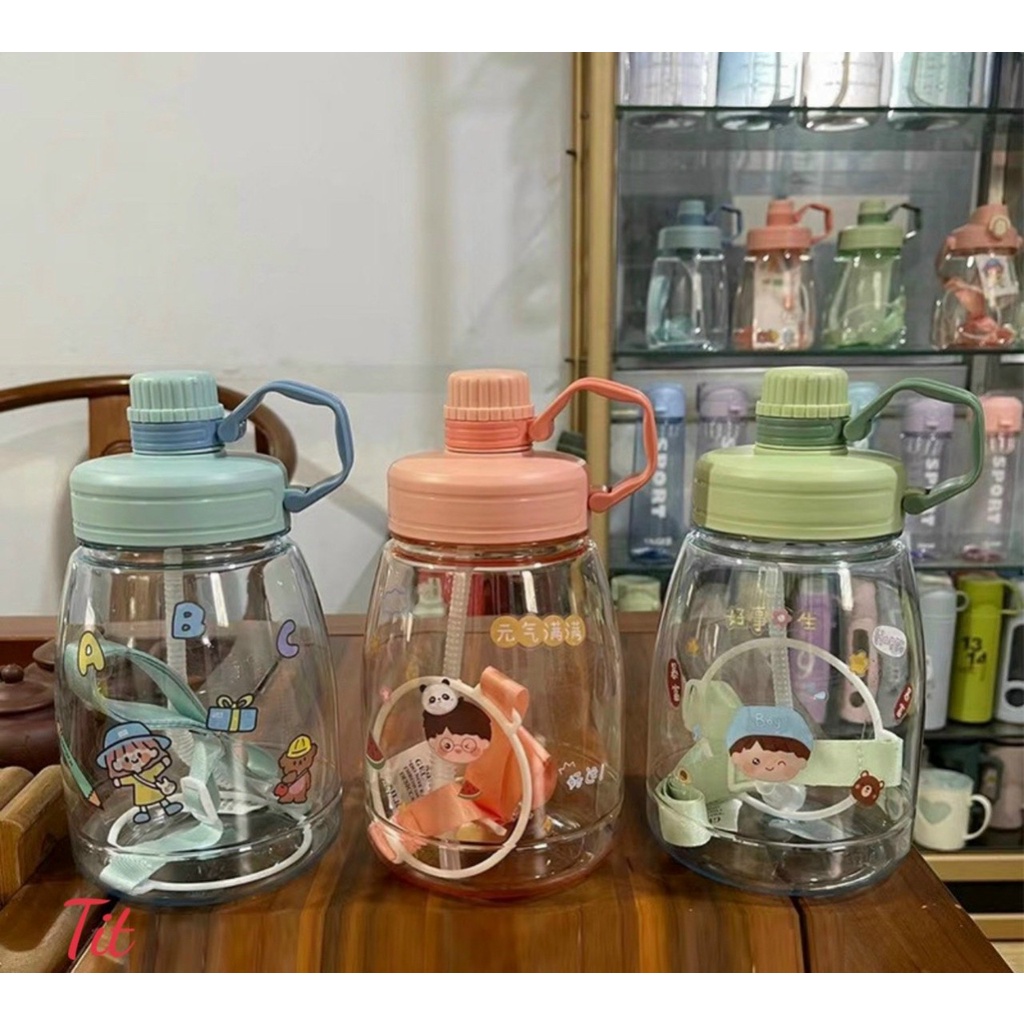 Bình Nước 1l❤️FREESHIP❤️Ly nước cute Dung Tích 1lít/1000ml Kèm Dây Đeo Và Sticker Đáng Yêu
