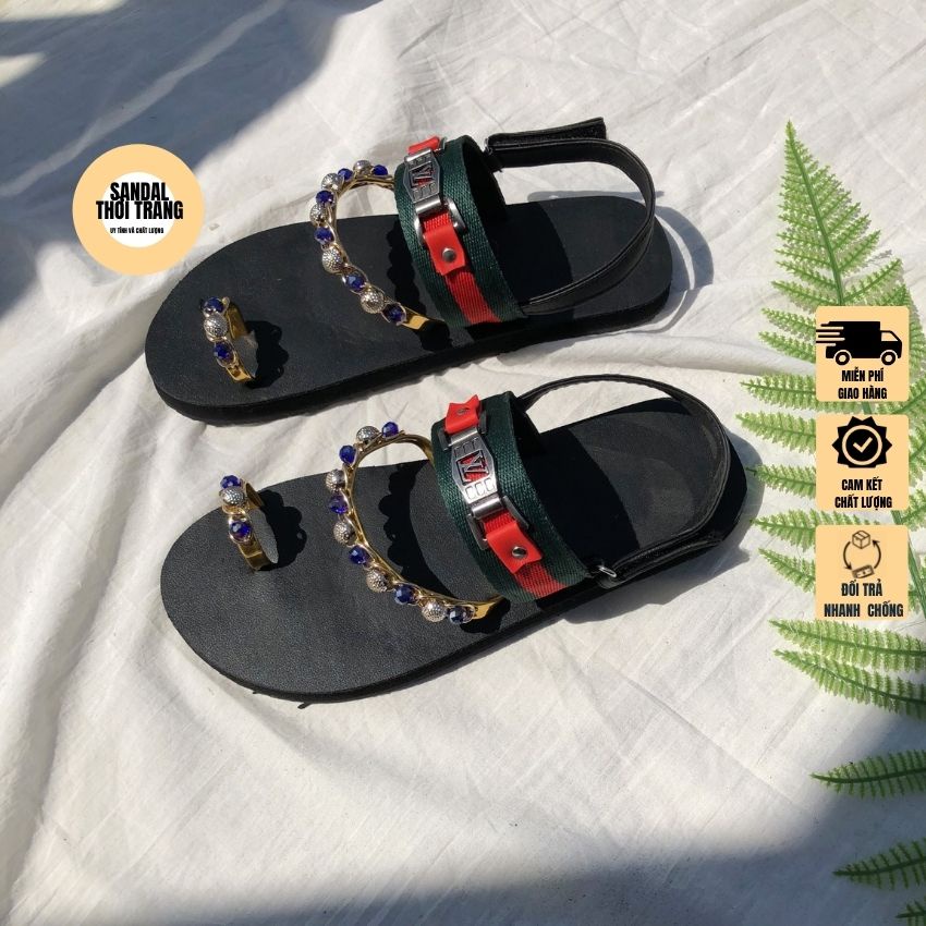 Dép sandal nữ xỏ ngón đính đá 2 màu Trắng/Đen full size 30-44 nam nữ SANDALTHOITRANG