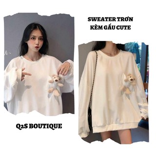 ÁO SWEATER NỮ TRƠN KÈM GẤU THU ĐÔNG DÁNG RỘNG - Áo SWEATER TRƠN TẶNG KÈM GẤU