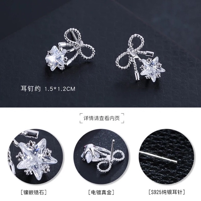 Khuyên tai bông tai bạc ý 30% nơ sao kiểu hàn quốc cực xinh