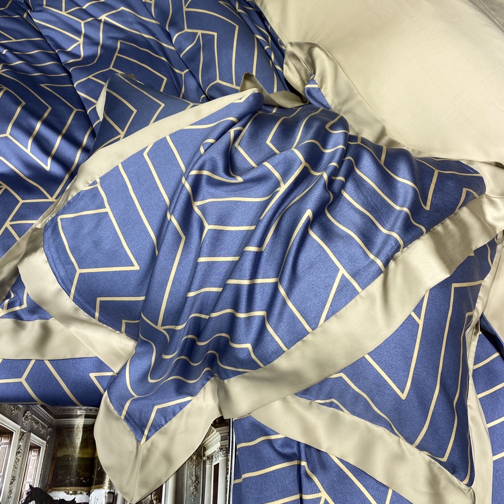 Bộ chăn ga gối cao cấp 100%Tencel 100s, Họa tiết Kẻ sọc xanh dương sang trọng, chất liệu siêu mềm mịn mát