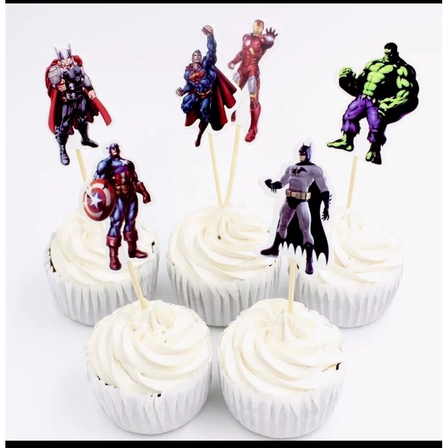 Set 24 que trang trí bánh in hình nhân vật siêu anh hùng