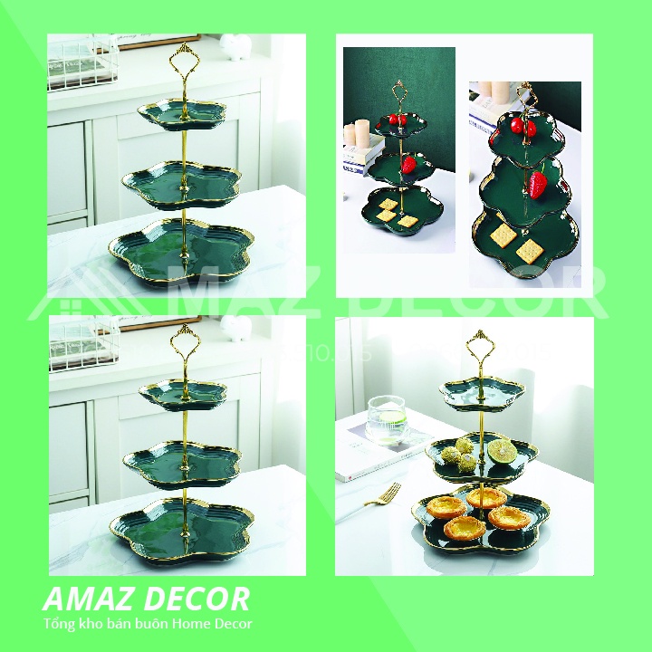 Giá sỉ đồ decor xuất dư Khay kệ đựng bánh kẹo hoa quả mứt Tết bằng sứ 3 tầng cao cấp sanh chảnh inox mạ vàng R06