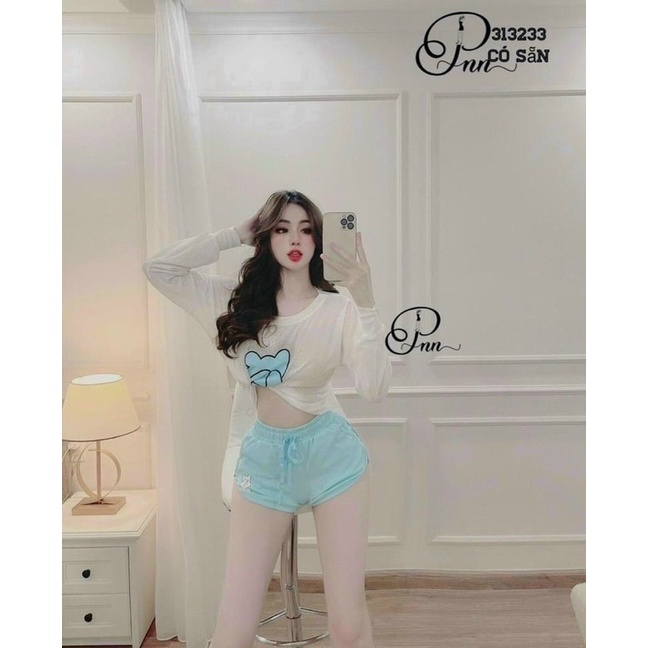 Set bộ áo tay dài in gấu kèm quần đùi cute - A5U