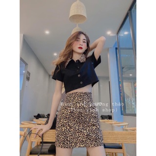 Set chân váy beo chữ A + áo polo croptop cổ beo