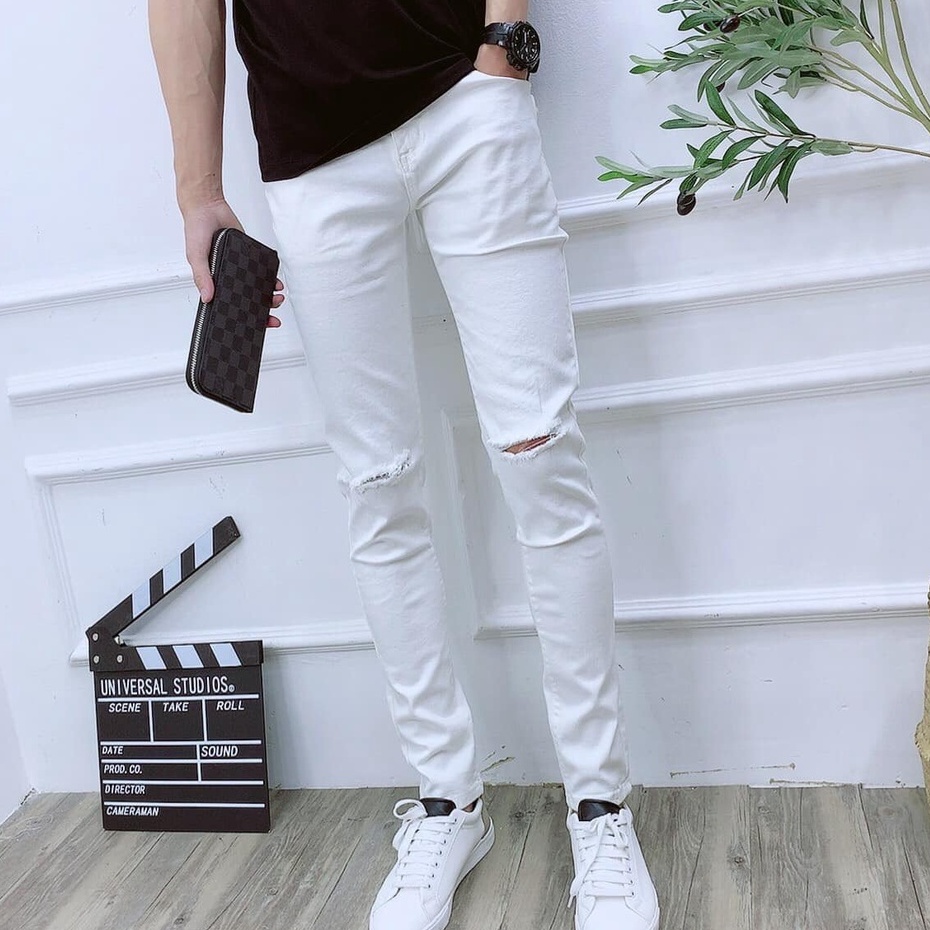 Quần jeans nam rách xước gối thời trang, chất jean dày dặn, co giãn thoáng khí, chuẩn men, cá tính đẹp như hình