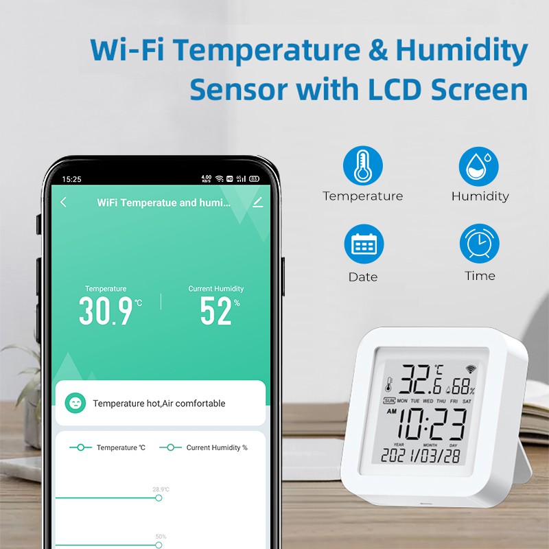 Máy đo độ ẩm SMATRUL điện tử Tuya Wifi thông minh hỗ trợ Alexa Google Home cảm biến nhiệt độ và độ ẩm màn hình LCD