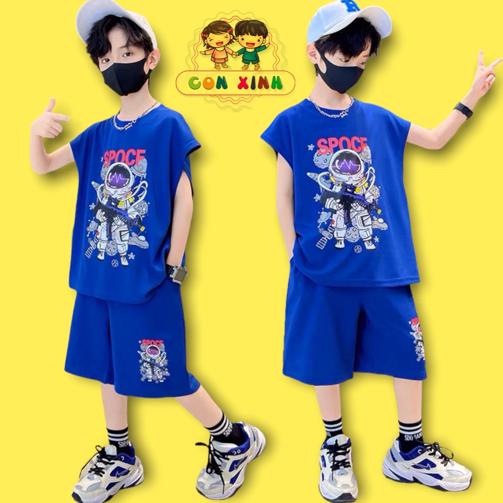 Bộ đồ bé trai Con Xinh cotton sát nách hình in Phi hành gia,thời trang mùa hè dành cho bé từ 4 đến 10 tuổi