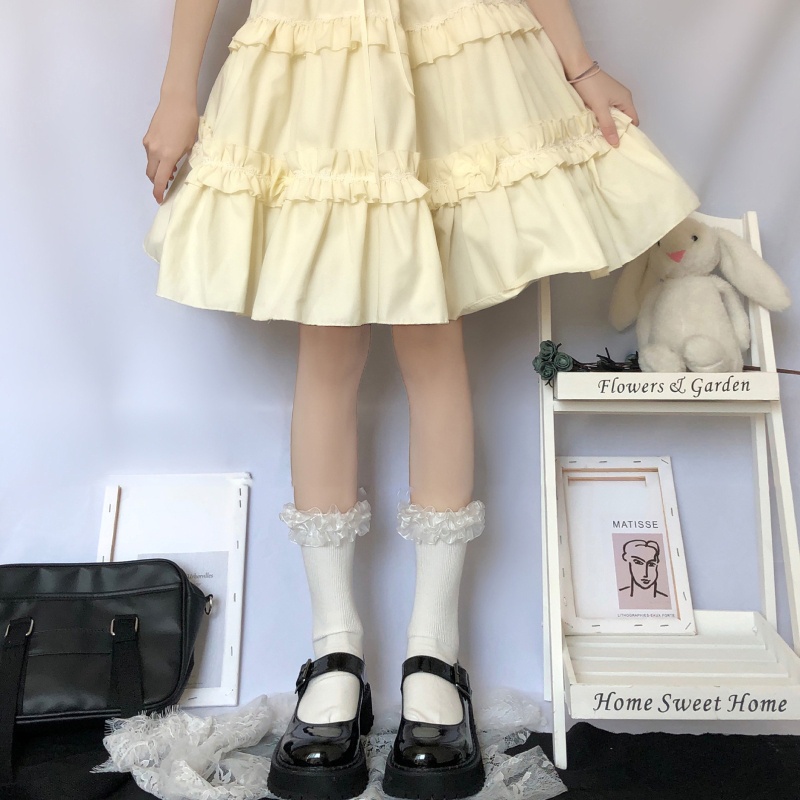 Xixi Vớ Cotton Cổ Thuyền Màu Trơn Viền Ren Nhún Bèo Phong Cách Harajuku Nhật Bản Ngọt Ngào Cho Nữ