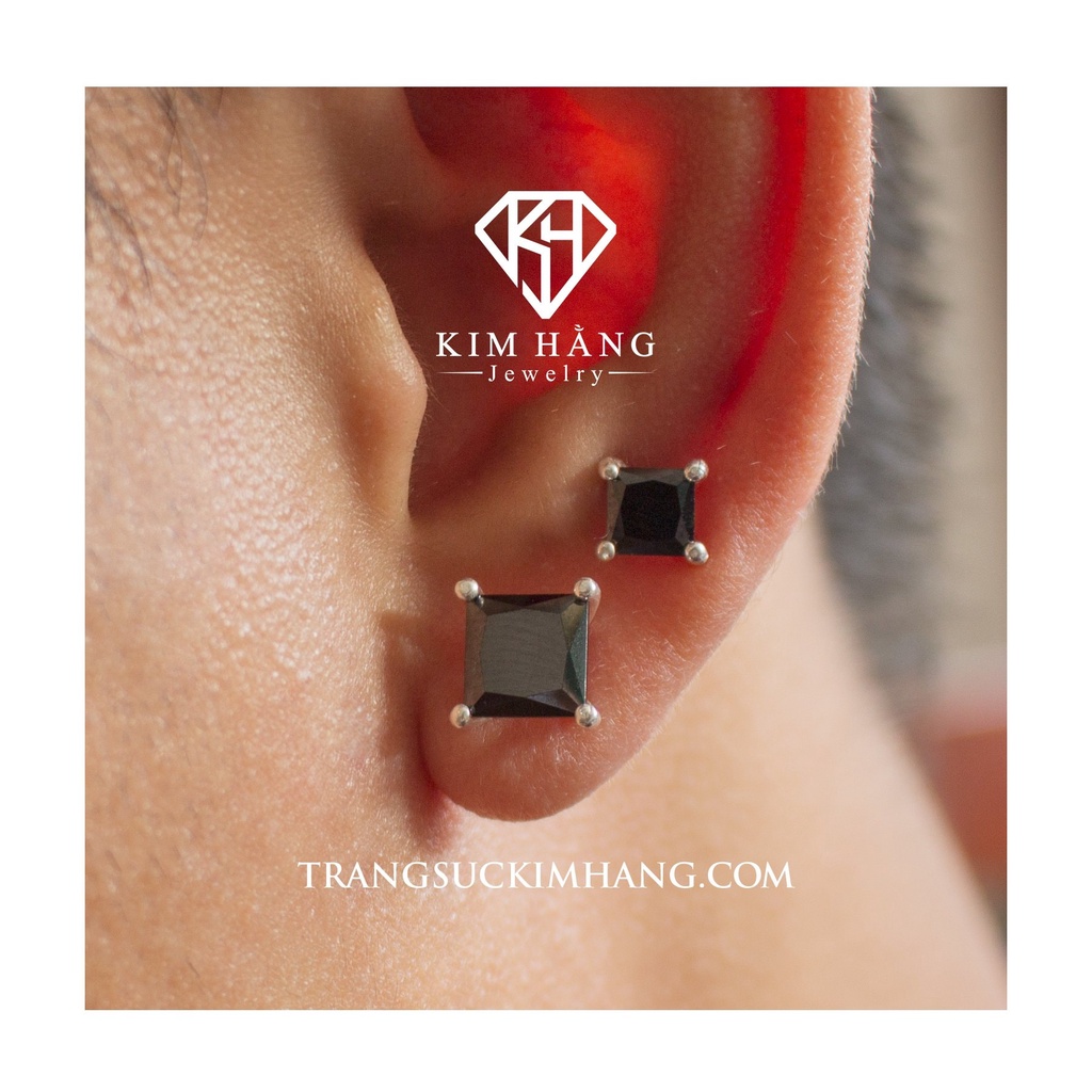 Khuyên Tai Bạc Nụ Đá Vuông Đen Huyền Bí KHJER055 - Khuyến Tai Nạm Đá Lấp Lánh