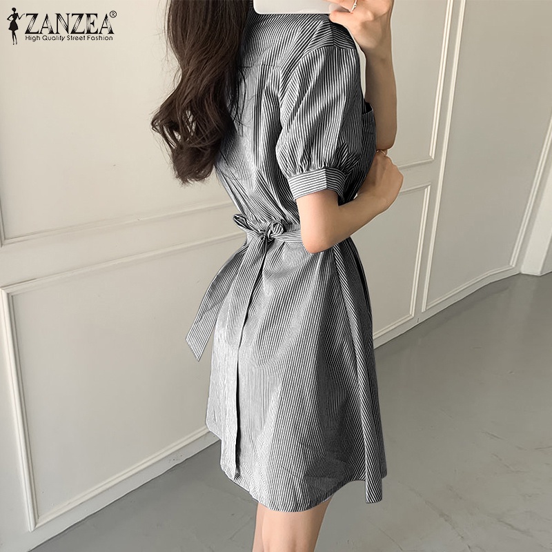 Zanzea Đầm Sơ Mi Tay Ngắn Họa Tiết Sọc Thời Trang Phong Cách Hàn Quốc Cho Nữ