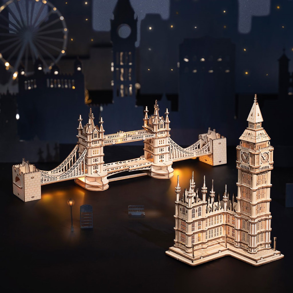 Đồ chơi lắp ráp gỗ 3D Mô hình Cầu Tháp Luân Đôn Robotime Tower Bridge TG412 Kèm đèn LED