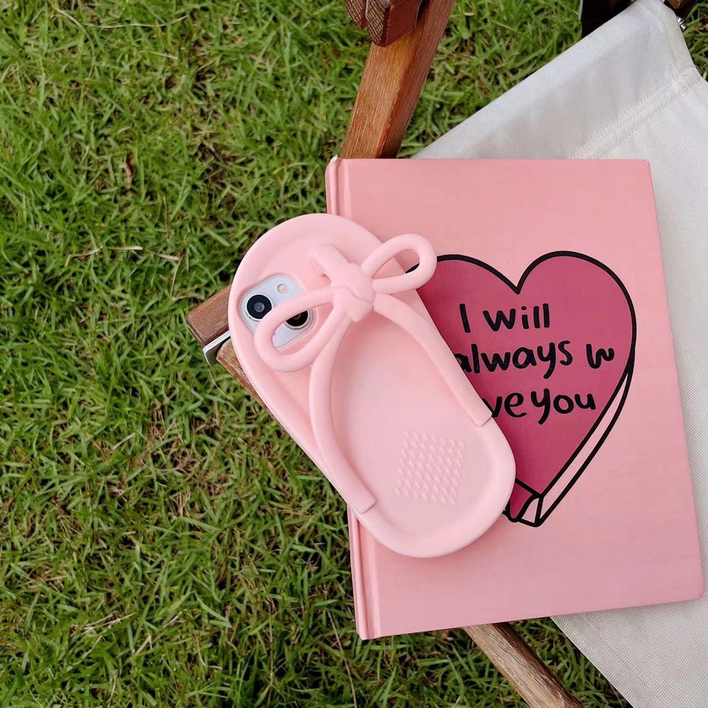 Ốp Điện Thoại Mềm Chống Rơi Họa Tiết Dép Đính Nơ Hồng Hoạt Hình Cho Iphone Xs Max XR 11 12 13 Pro Max