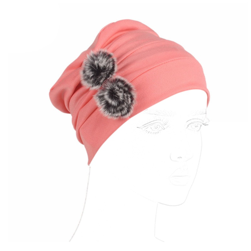 Inn Mũ Beanie Trùm Đầu Giữ Ấm Màu Trơn Đính Bóng Lông Cho Nữ