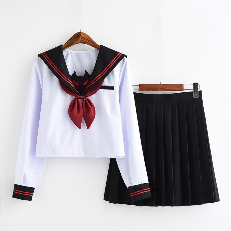 Set váy đồng phục học sinh Nhật Bản/ Seifuku: áo cổ thủy thủ hình mặt quỷ (Devil) + chân váy xòe xếp ly