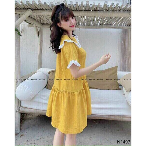 [ Miễn phí ship 2022 ] Đầm vàng babydoll tay búp , đầm bánh bèo nút cổ bèo phối ren dáng xòe tiểu thư xinh xắn