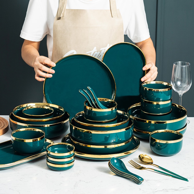 Bộ chén bát sứ xanh lục bảo viền vàng cao cấp phong cách châu âu