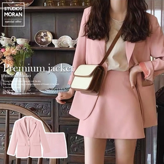 (ORDER-sẵn M) Set Áo blazer MORAN + Chân váy cạp cao dáng chữ A đơn giản màu hồng style Hàn Quốc nhẹ nhàng - Có ảnh thật