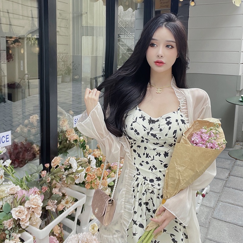 Đầm Perty họa tiết hoa hai dây chống nắng phong cách thời trang Hàn Quốc cho nữ